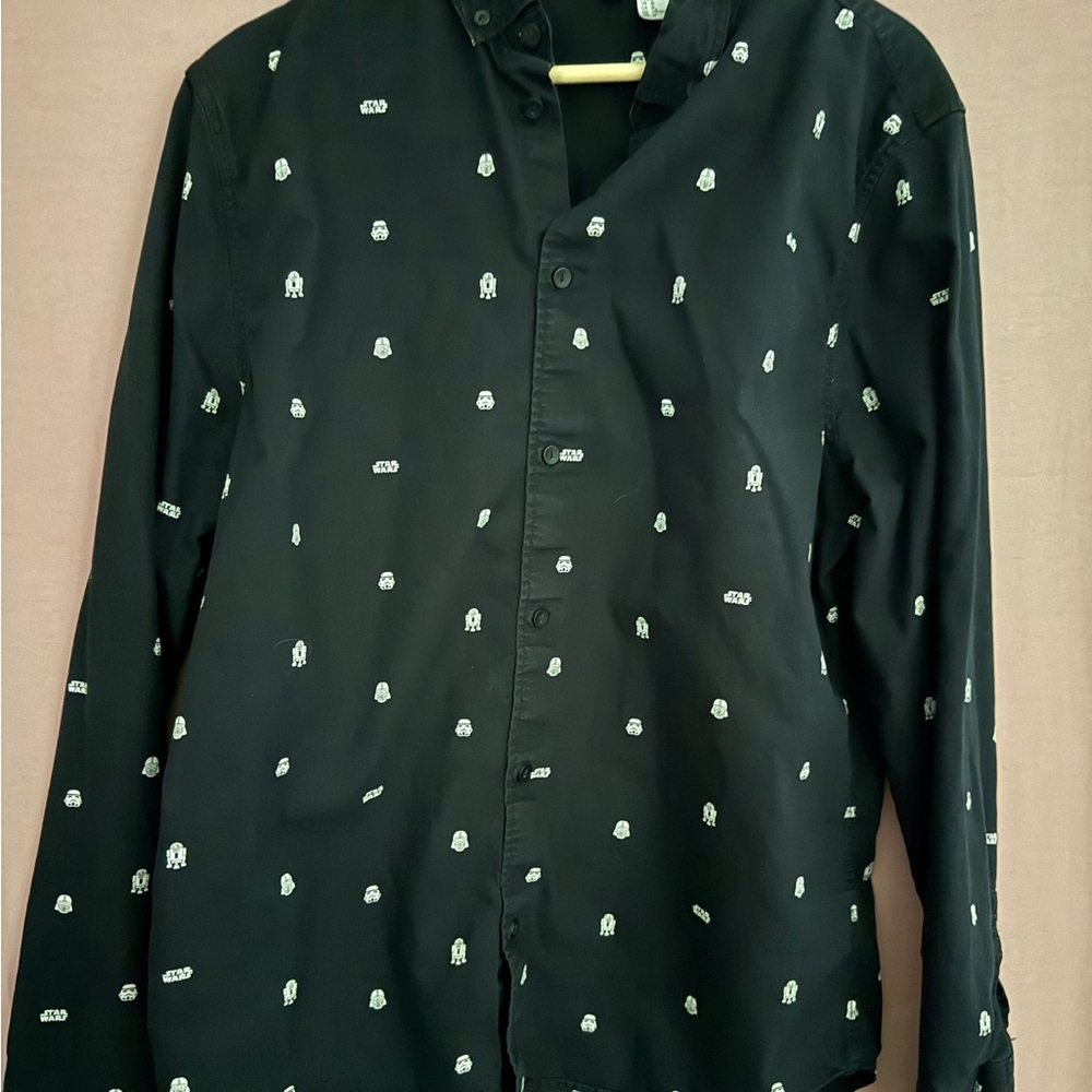 H&M Star Wars Black Button-Up Shirt with Storm Trooper White Print, Medium.